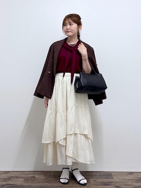 「ROPE' PICNIC（ロペピクニック）のカナパ 金ボタンジャケット/セットアップ対応・UV・抗菌防臭・接触冷感（テーラードジャケット、ブラウン系）」を使った、さきさん（レディース・155cm）の夏コーディネート