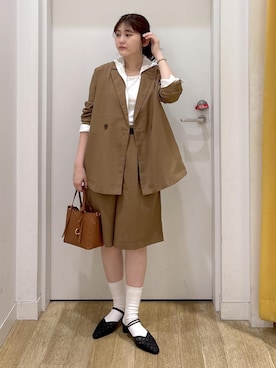 「ROPE' PICNIC（ロペピクニック）のフルーレットパンチングレースミニショルダーバッグ/2WAY（ショルダーバッグ、ブラウン系）」を使った、さきさん（レディース・155cm）の春コーディネート