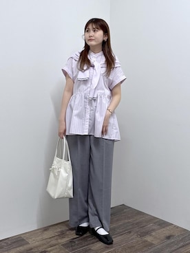 「ROPE' PICNIC（ロペピクニック）のリボンディティールトートバッグ/イージーケア（トートバッグ、ホワイト系）」を使った、さきさん（レディース・155cm）の春コーディネート