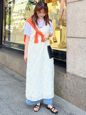 「クルーネック」｜「アイテム（ワンピース）」を使った、さきさん（レディース・155cm）の夏コーディネート