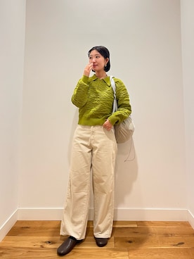 「EKAL（エカル）のジャガードニットポロプルオーバー（ニット/セーター、グリーン系）」を使った、⭐︎おーごし☽°☆・°:** さん（レディース・160cm）の秋コーディネート