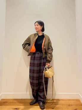 「EKAL（エカル）のチェックワイドテーパードトラウザー（その他パンツ、パープル系）」を使った、⭐︎おーごし☽°☆・°:** さん（レディース・160cm）の秋コーディネート