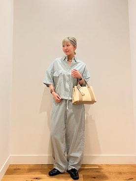 「Wrangler（ラングラー）の『別注』Wrangler×EKAL　ライトデニムワークシャツ（シャツ/ブラウス、ブルー系）」を使った、⭐︎おーごし☽°☆・°:** さん（レディース・160cm）の春コーディネート