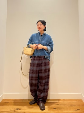 「EKAL（エカル）のチェックワイドテーパードトラウザー（その他パンツ、パープル系）」を使った、⭐︎おーごし☽°☆・°:** さん（レディース・160cm）の秋コーディネート