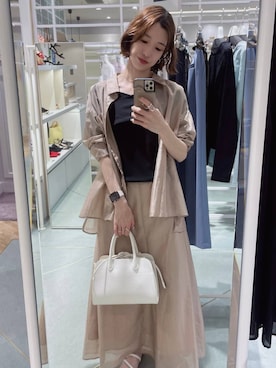 「Andemiu（アンデミュウ）のスクエアキンチャクバッグ656629（トートバッグ、ホワイト系）」を使った、miuさん（レディース・157cm）の春コーディネート