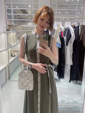 「Andemiu（アンデミュウ）のハイショクシャツワンピース/1043565（ワンピース、グリーン系）」を使った、miuさん（レディース・157cm）の夏コーディネート