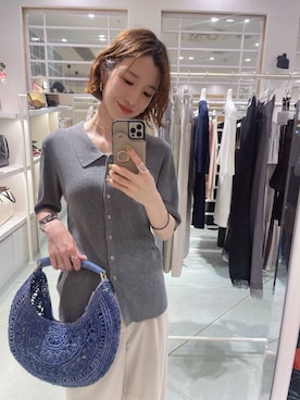 「Andemiu（アンデミュウ）の【LE VERNIS】ラフィアムーンBAG635418（かごバッグ、ブルー系）」を使った、miuさん（レディース・157cm）の春コーディネート