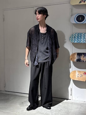 「RAGEBLUE（レイジブルー）の＜接触冷感＞COOL FEELING TR WIDE STRAIGHT SLACKS/TRワイドストレートスラックス（スラックス、ブラック系）」を使った、 koutaさん（メンズ・173cm）の夏コーディネート