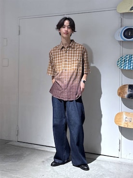 「RAGEBLUE（レイジブルー）のGRADATION CHECK OVERSIZED SHIRTS/グラデーションチェック/オーバーサイズシャツ（シャツ/ブラウス、ブラウン系）」を使った、 koutaさん（メンズ・173cm）の夏コーディネート