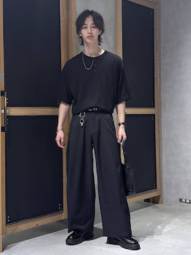 「RAGEBLUE（レイジブルー）のSuper Curve Seam Barrel Pants/スーパーカーブシームツイルバレルパンツ（スラックス、ブラック系）」を使った、 koutaさん（メンズ・173cm）の春コーディネート