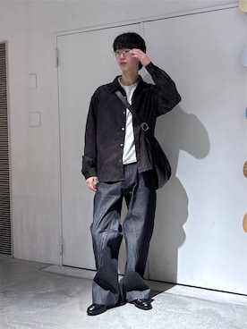 「RAGEBLUE（レイジブルー）のCROPPED CUT SUEDE PULLOVER/クロップドカットスウェードプルオーバー（Tシャツ/カットソー、ホワイト系）」を使った、 koutaさん（メンズ・173cm）の秋コーディネート