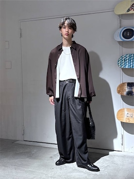 「RAGEBLUE（レイジブルー）の【LUXURY＋EASY】＜イージーケア＞BALLOON SLEEVE STRIPED SHIRTS/ラグイージー袖バルーンストライプ柄シャツ（シャツ/ブラウス、ブラウン系）」を使った、 koutaさん（メンズ・173cm）の秋コーディネート