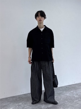 「RAGEBLUE（レイジブルー）のCUT OFF DESIGN SHORT SHIRTS/裾ダメージ加工ショート丈シャツ（シャツ/ブラウス、ブラック系）」を使った、 koutaさん（メンズ・173cm）の夏コーディネート