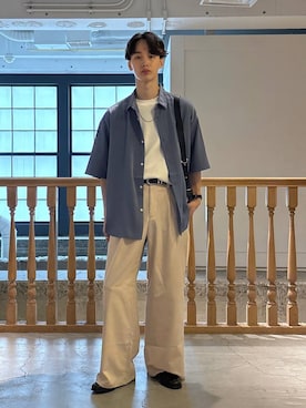 「RAGEBLUE（レイジブルー）の【LUXURY+EASY】＜接触冷感＞OVER SIZE DRAPE SHIRTS / ラグイージー オーバーサイズドレープシャツ（シャツ/ブラウス、ブルー系）」を使った、 koutaさん（メンズ・173cm）の春コーディネート