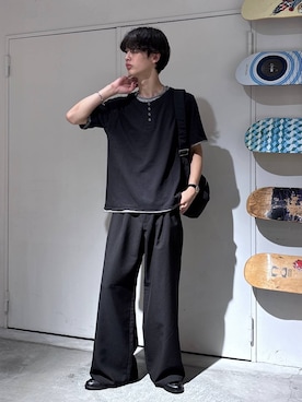 「RAGEBLUE（レイジブルー）のHENLEY NECK FAKE LAYERED T-SHIRTS/フェイクレイヤードヘンリーネックTシャツ（Tシャツ/カットソー、ブラック系）」を使った、 koutaさん（メンズ・173cm）の夏コーディネート