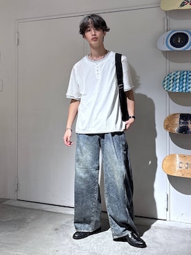 「RAGEBLUE（レイジブルー）のHENLEY NECK FAKE LAYERED T-SHIRTS/フェイクレイヤードヘンリーネックTシャツ（Tシャツ/カットソー、ホワイト系）」を使った、 koutaさん（メンズ・173cm）の夏コーディネート