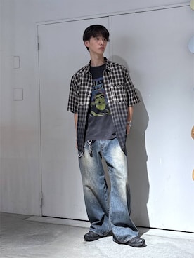 「RAGEBLUE（レイジブルー）のGRADATION CHECK OVERSIZED SHIRTS/グラデーションチェック/オーバーサイズシャツ（シャツ/ブラウス、ブラック系）」を使った、 koutaさん（メンズ・173cm）の夏コーディネート