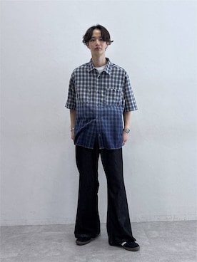 「RAGEBLUE（レイジブルー）のGRADATION CHECK OVERSIZED SHIRTS/グラデーションチェック/オーバーサイズシャツ（シャツ/ブラウス、ブルー系）」を使った、 koutaさん（メンズ・173cm）の夏コーディネート