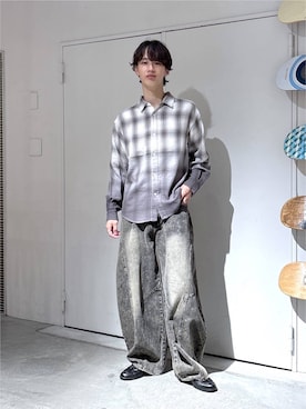 「RAGEBLUE（レイジブルー）のGRADUATION CHECK SHIRTS / グラデーションチェックシャツ（シャツ/ブラウス、ブラック系）」を使った、 koutaさん（メンズ・173cm）の秋コーディネート