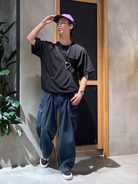「アイテム（キャップ、パープル系）」を使った、 koutaさん（メンズ・173cm）の夏コーディネート