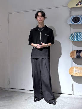 「RAGEBLUE（レイジブルー）のONEPOINT DESIGN HALF ZIP TSHIRTS/ ワンポイントデザイン/ハーフジップTシャツ（Tシャツ/カットソー、ブラック系）」を使った、 koutaさん（メンズ・173cm）の夏コーディネート