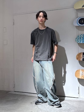 「RAGEBLUE（レイジブルー）のARCH FRINGE DENIM BARREL BUGGY PANTS/アーチフリンジデニムバレルバギーパンツ（デニムパンツ、ブルー系）」を使った、 koutaさん（メンズ・173cm）の夏コーディネート