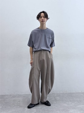 「RAGEBLUE（レイジブルー）のDESIGN SEAM WIDE CURVE PANTS/デザインシームワイドカーブパンツ（スラックス、ベージュ系）」を使った、 koutaさん（メンズ・173cm）の夏コーディネート