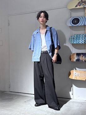 「RAGEBLUE（レイジブルー）の＜接触冷感＞COOL FEELING TR WIDE STRAIGHT SLACKS/TRワイドストレートスラックス（スラックス、ブラック系）」を使った、 koutaさん（メンズ・173cm）の夏コーディネート