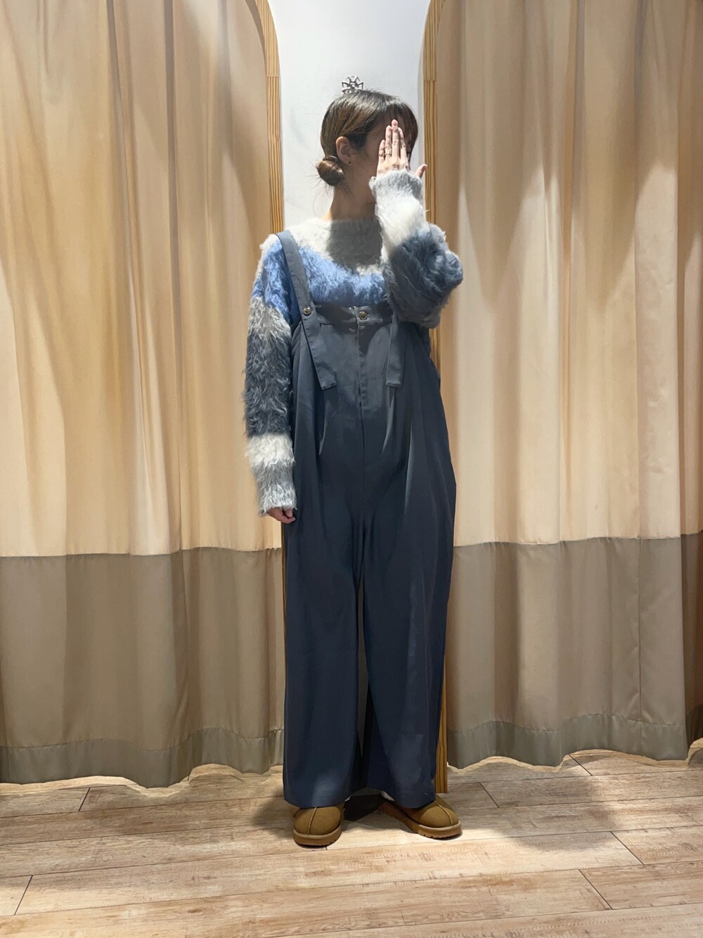 「ehka sopo、カジュアル、休日スタイル、おでかけコーデ、ニュアンス柄、ニット」｜「ehka sopoのニュアンス柄ニット（ニット/セーター、グレー系）」を使った、merrieさん（レディース・163cm）の冬コーディネートの1枚目の写真