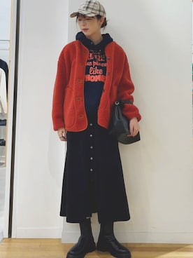 「アイテム（ブルゾン、レッド系）」を使った、菊池さん（レディース・164cm）の秋コーディネート