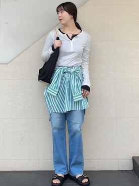 「EBLOUNA（エブローナ）の【SHIPS any別注】eblouna: バックルベルト サンダル（サンダル、ブラック系）」を使った、菊池さん（レディース・164cm）の春コーディネート