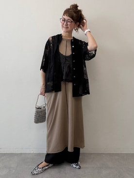 「LEPSIM（レプシィム）の《リネンライクドライシリーズ》ギャザーワイドパンツ　638911（その他パンツ、ブラック系）」を使った、310lepsim75さん（レディース・163cm）の春コーディネート