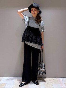 「LEPSIM（レプシィム）の《セルフカット可能》プリーツイージーパンツ　601345（その他パンツ、ブラック系）」を使った、310lepsim75さん（レディース・163cm）の春コーディネート