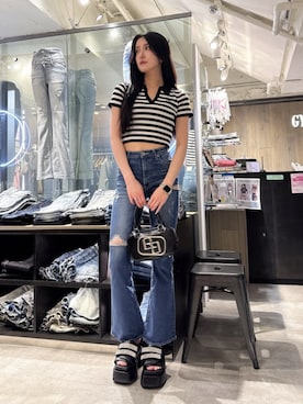 「GYDA（ジェイダ）のGGメタルBAG（ハンドバッグ、ブラック系）」を使った、maiさん（レディース・167cm）の夏コーディネート