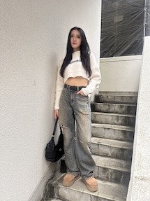 ハイウエストGG Stitch Barrel Leg ダメージデニムパンツ