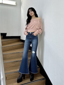 GYDA/新品/ハイウエストダメージフレアデニムパンツ/ブルーSサイズ￼￼ GYDA ジーンズ デニム デニムパンツ ハイウエストダメージフレア