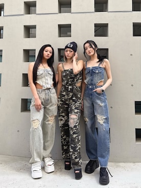 「GYDA（ジェイダ）の2WAYデニムチェーンロンパース（つなぎ/オールインワン、ブルー系）」を使った、maiさん（レディース・167cm）の春コーディネート