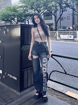 「GYDA（ジェイダ）のGYDA jacquardタンクニットトップス（キャミソール、ベージュ系）」を使った、maiさん（レディース・167cm）の夏コーディネート