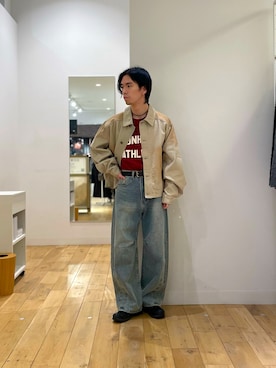「SENSE OF PLACE by URBAN RESEARCH(センスオブプレイスバイアーバンリサーチ)のヴィンテージライクデニムブルゾン(デニムジャケット、グリーン系)」を使った、にしはらさん(メンズ・169cm)の春コーディネート