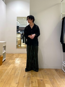 「SENSE OF PLACE by URBAN RESEARCH(センスオブプレイスバイアーバンリサーチ)のダブルポケットオープンカラーレースシャツ(シャツ/ブラウス、ブラック系)」を使った、にしはらさん(メンズ・169cm)の春コーディネート