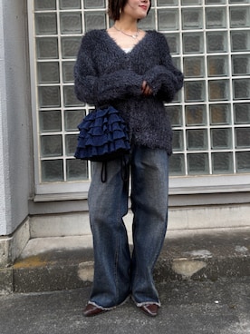 「アイテム（ハンドバッグ、ブルー系）」を使った、ECスタッフさん（レディース・154cm）の秋コーディネート