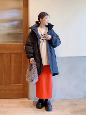 「アウトドアミックス」｜「アイテム（ダウンジャケット/コート）」を使った、にわまりこさん（レディース・151cm）の秋コーディネート