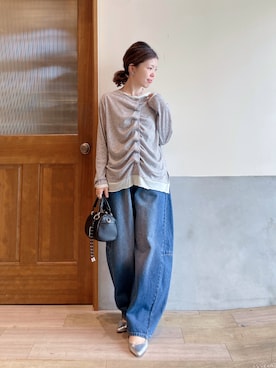 「CIAOPANIC TYPY（チャオパニックティピー）の【冷房・日焼け対策にも◎】フロントタックレイヤードライクメランジリブシアーカーディガン（カーディガン/ボレロ、グレー系）」を使った、にわまりこさん（レディース・151cm）の春コーディネート