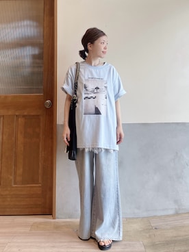 「CIAOPANIC TYPY（チャオパニックティピー）のアソートフォトプリントオーバーTee（Tシャツ/カットソー、ブルー系）」を使った、にわまりこさん（レディース・151cm）の夏コーディネート