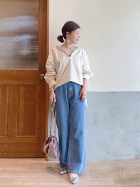 「CIAOPANIC TYPY（チャオパニックティピー）のカラビナ付きベロアスタッズ巾着BAG（トートバッグ）」を使った、にわまりこさん（レディース・151cm）の秋コーディネート