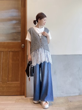 「CIAOPANIC TYPY（チャオパニックティピー）の【WEB限定】【UNISEX】手書きメッセージロゴTEE（Tシャツ/カットソー、ホワイト系）」を使った、にわまりこさん（レディース・151cm）の夏コーディネート
