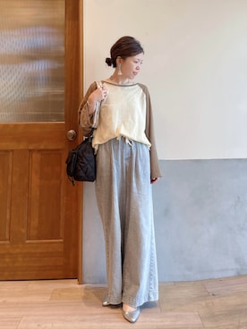 「CIAOPANIC TYPY（チャオパニックティピー）の【2WAY】シアーラグランヘンリーネックTee（Tシャツ/カットソー、イエロー系）」を使った、にわまりこさん（レディース・151cm）の春コーディネート