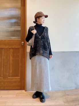 「アイテム（帽子、ブラウン系）」を使った、にわまりこさん（レディース・151cm）の秋コーディネート