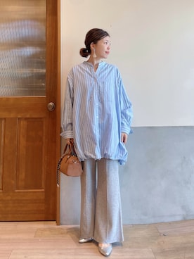 「CIAOPANIC TYPY（チャオパニックティピー）のアソート柄裾バルーンチュニックブラウス（シャツ/ブラウス、ブルー系）」を使った、にわまりこさん（レディース・151cm）の春コーディネート