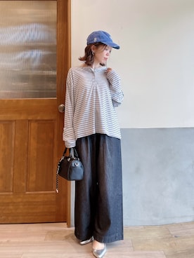 「CIAOPANIC TYPY（チャオパニックティピー）のピグメント刺繍キャップ（キャップ、ブルー系）」を使った、にわまりこさん（レディース・151cm）の春コーディネート